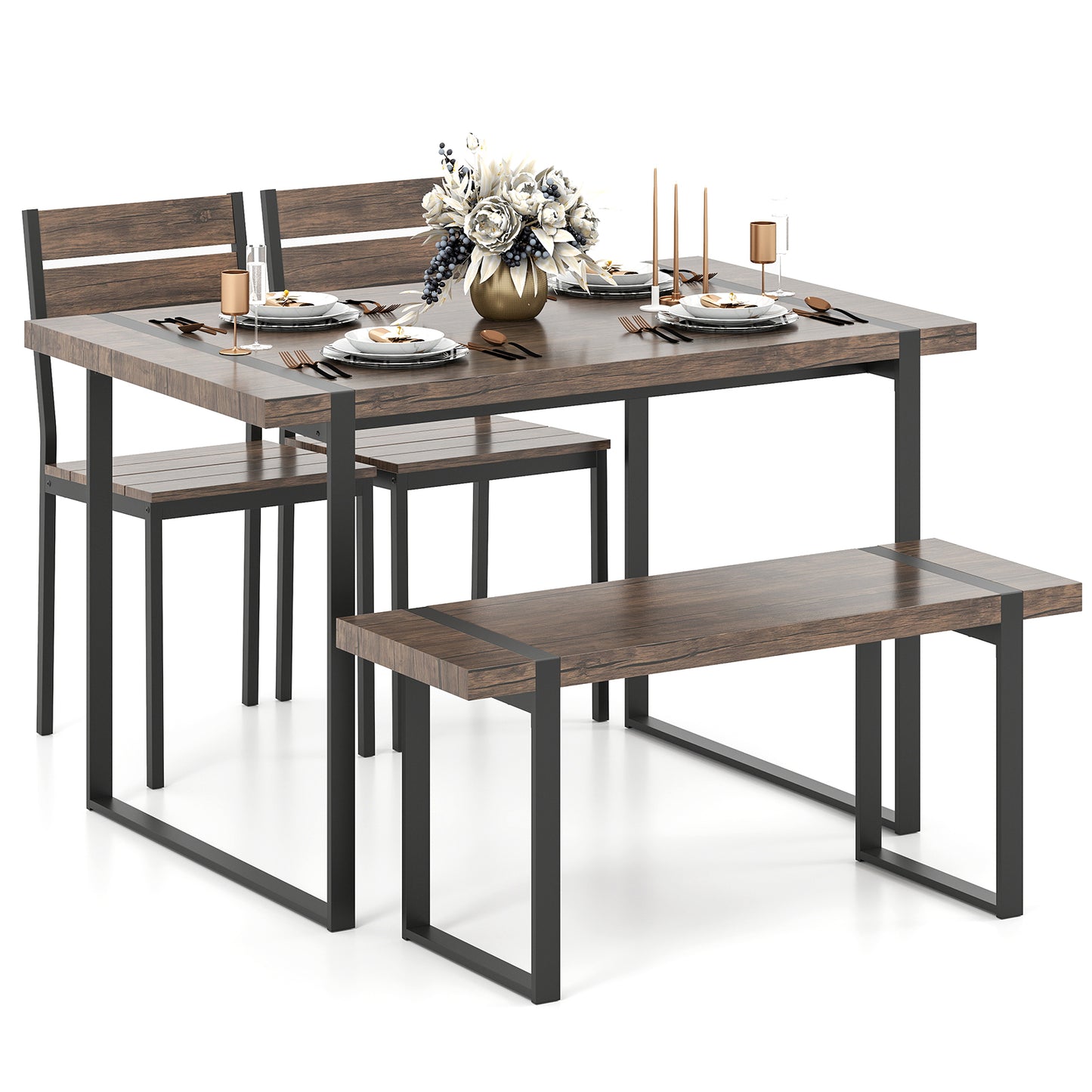 4-Piece Dining Table Set with Bench and 2 Chairs - Gray