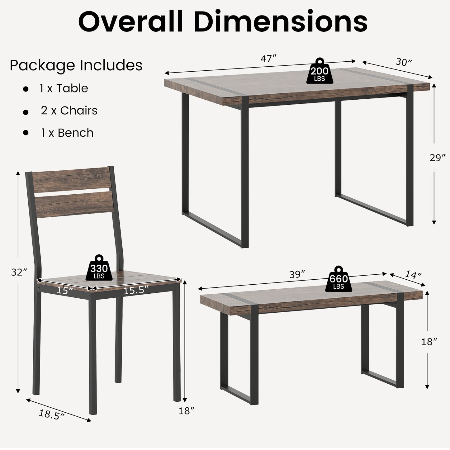 4-Piece Dining Table Set with Bench and 2 Chairs - Gray