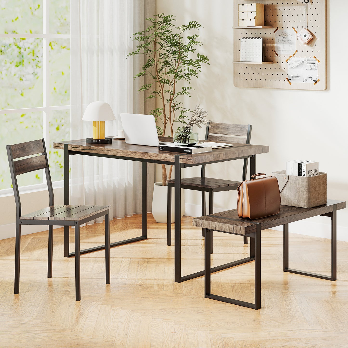 4-Piece Dining Table Set with Bench and 2 Chairs - Gray