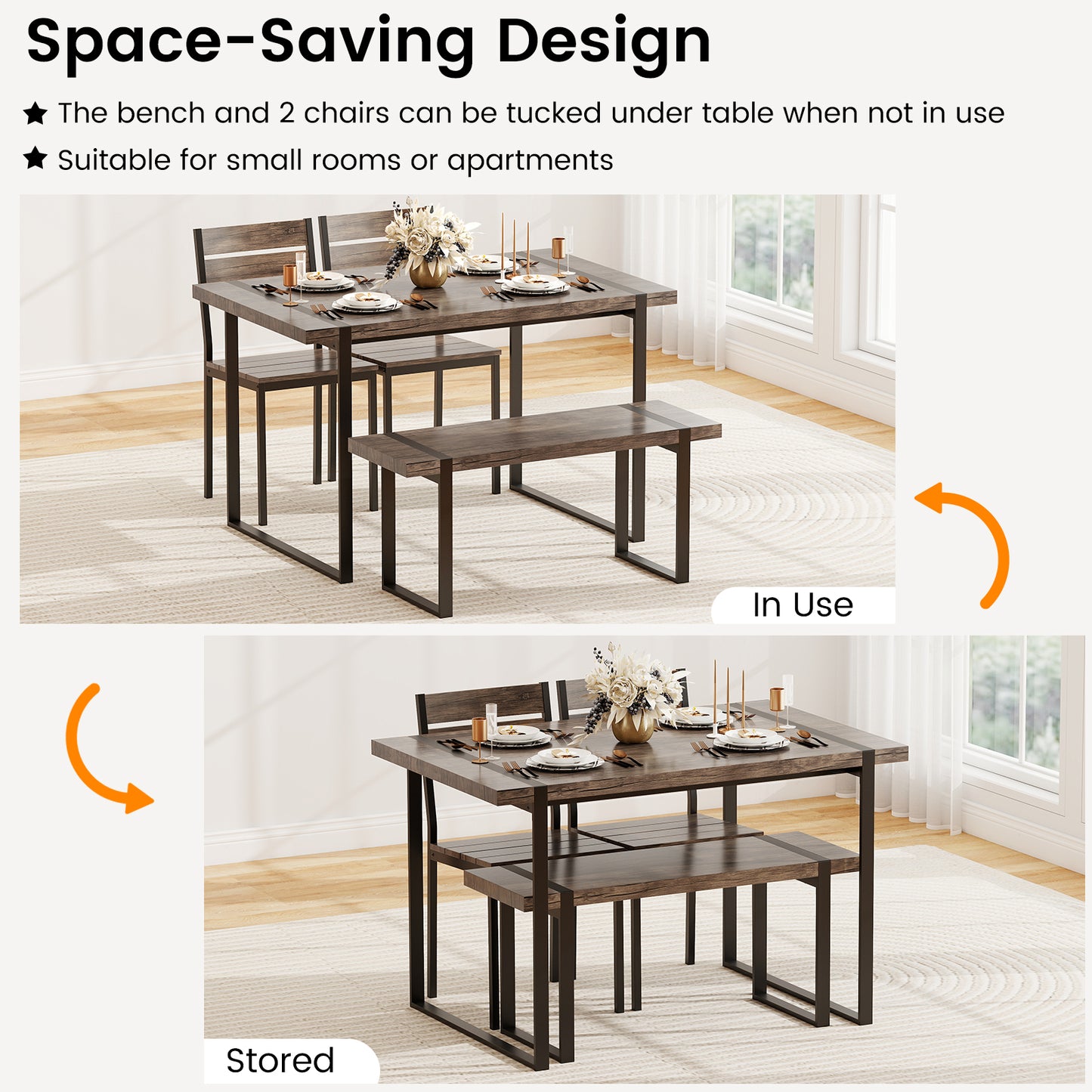 4-Piece Dining Table Set with Bench and 2 Chairs - Gray