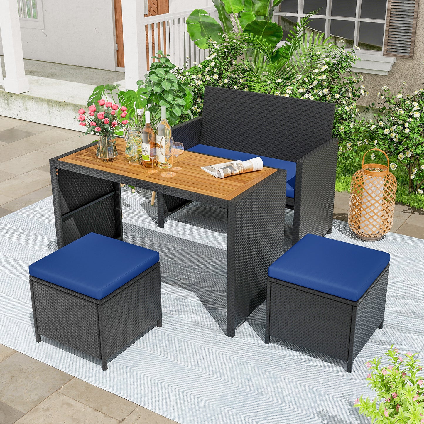 4-Piece Outdoor Dining Set with Loveseat, Ottomans & Table