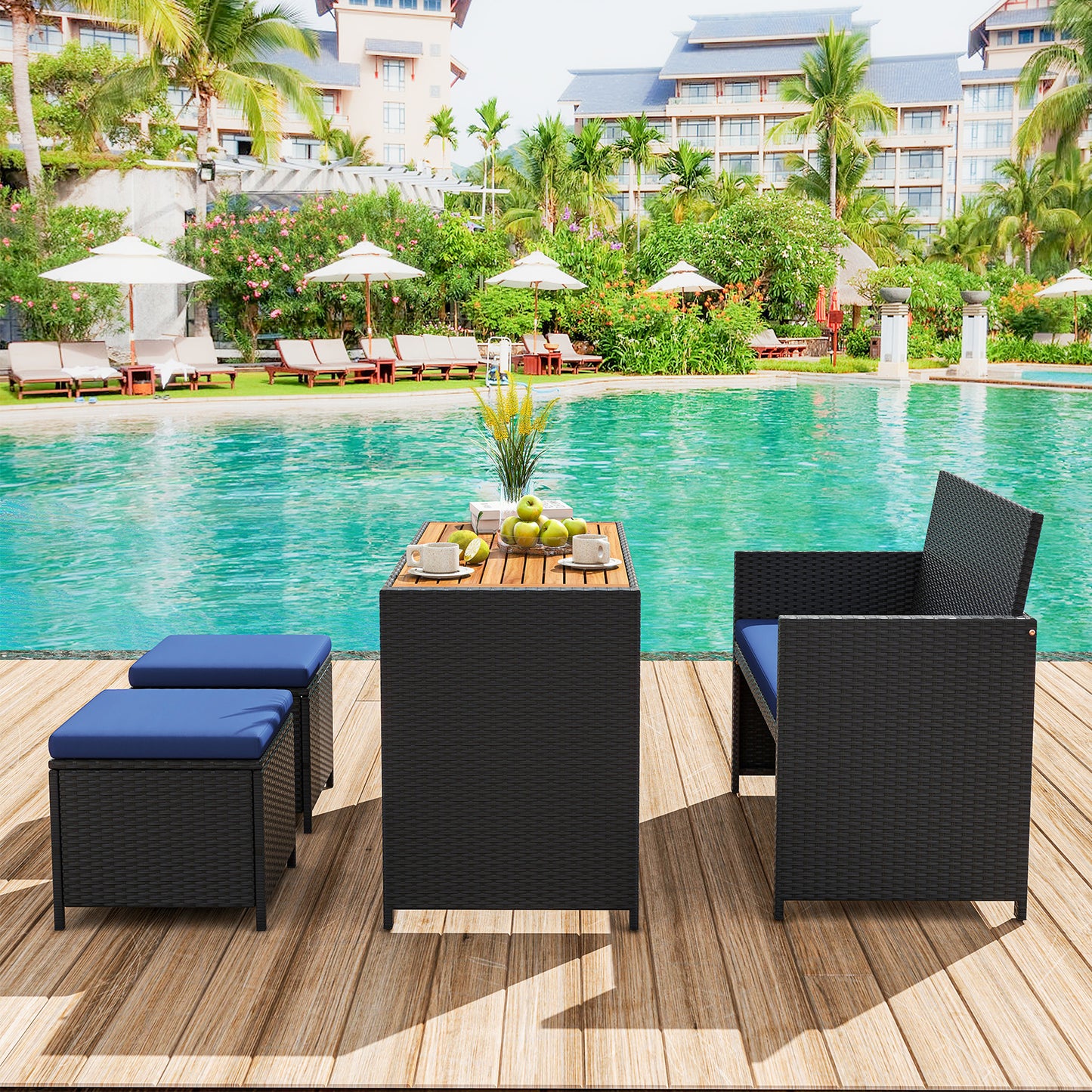 4-Piece Outdoor Dining Set with Loveseat, Ottomans & Table