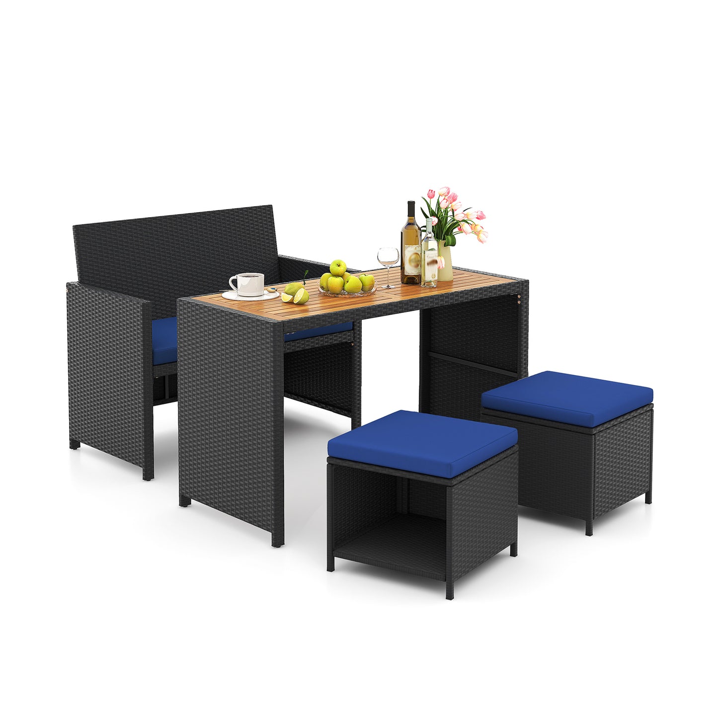 4-Piece Outdoor Dining Set with Loveseat, Ottomans & Table