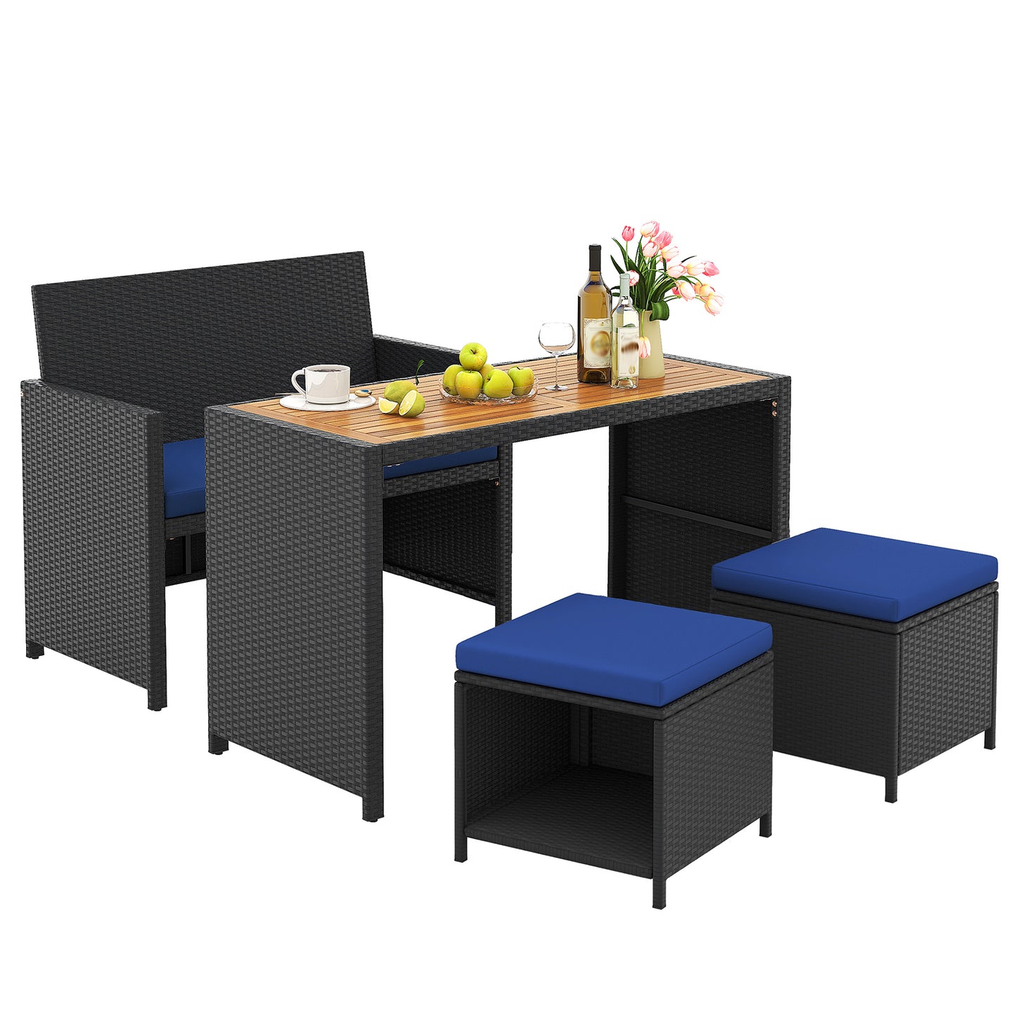 4-Piece Outdoor Dining Set with Loveseat, Ottomans & Table