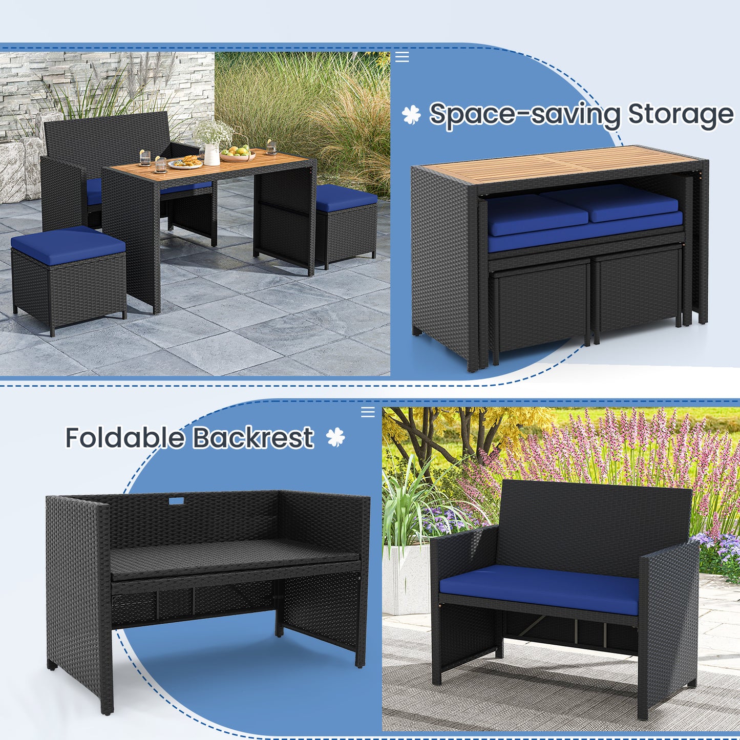 4-Piece Outdoor Dining Set with Loveseat, Ottomans & Table