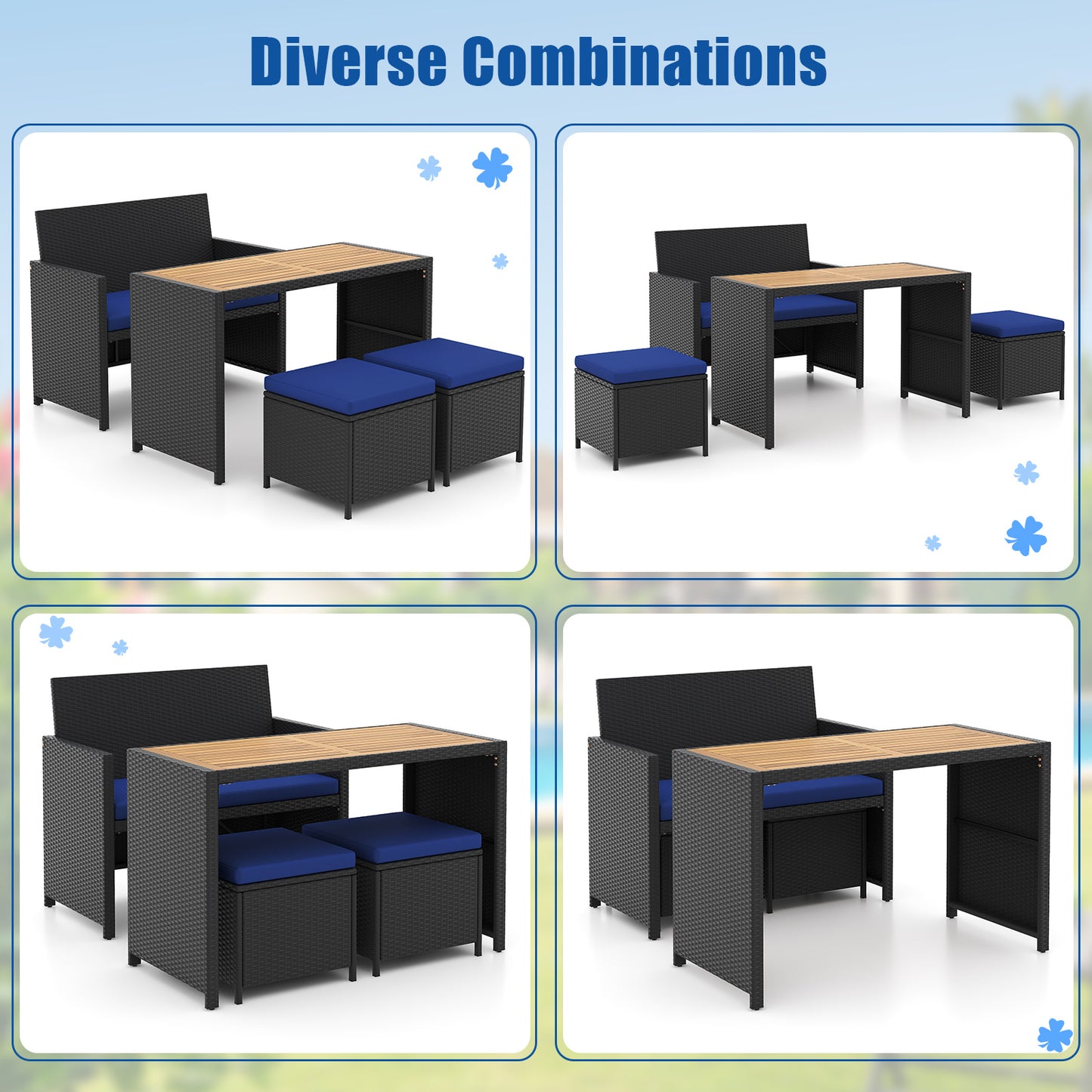 4-Piece Outdoor Dining Set with Loveseat, Ottomans & Table