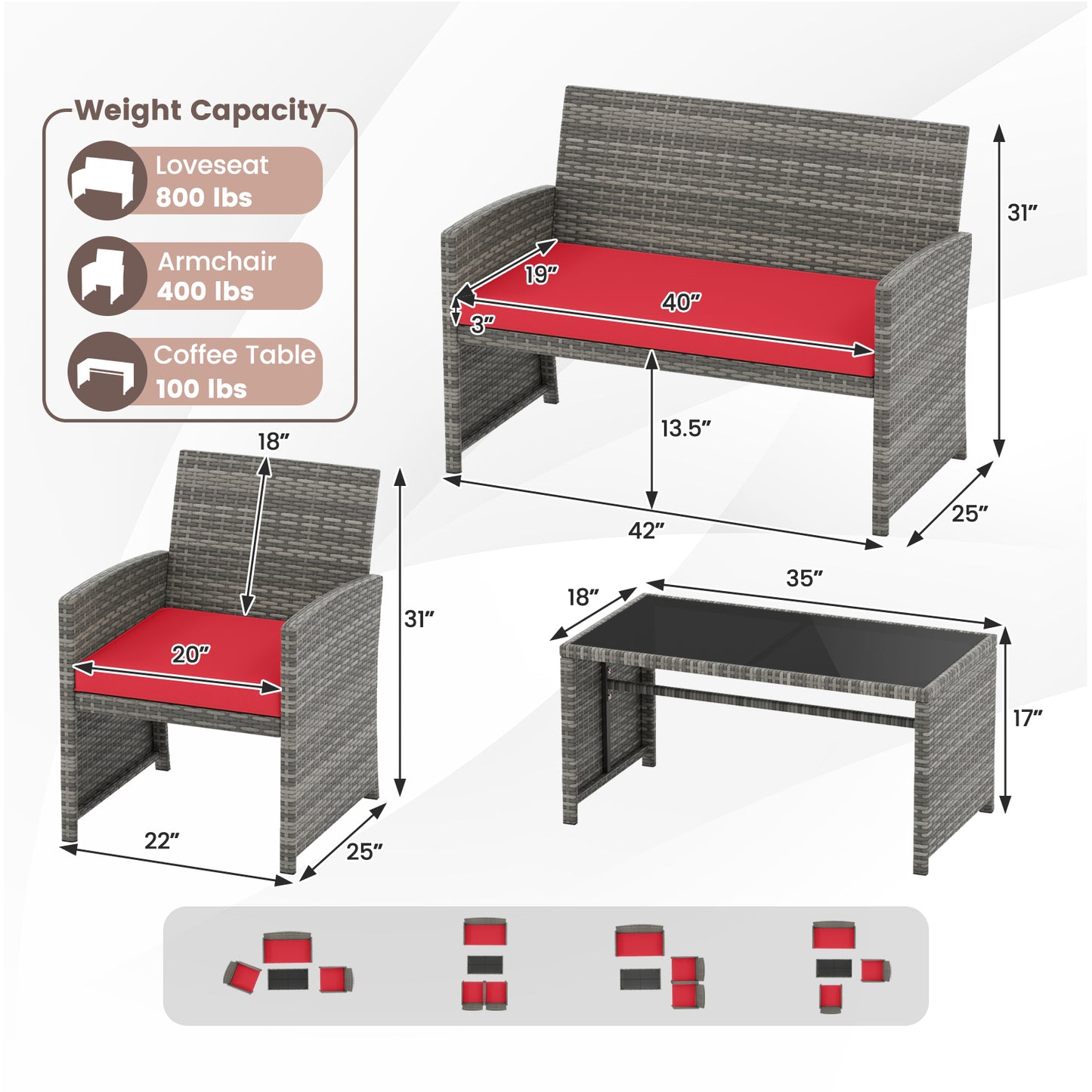 4-Piece Patio Conversation Set with Loveseat and Chairs