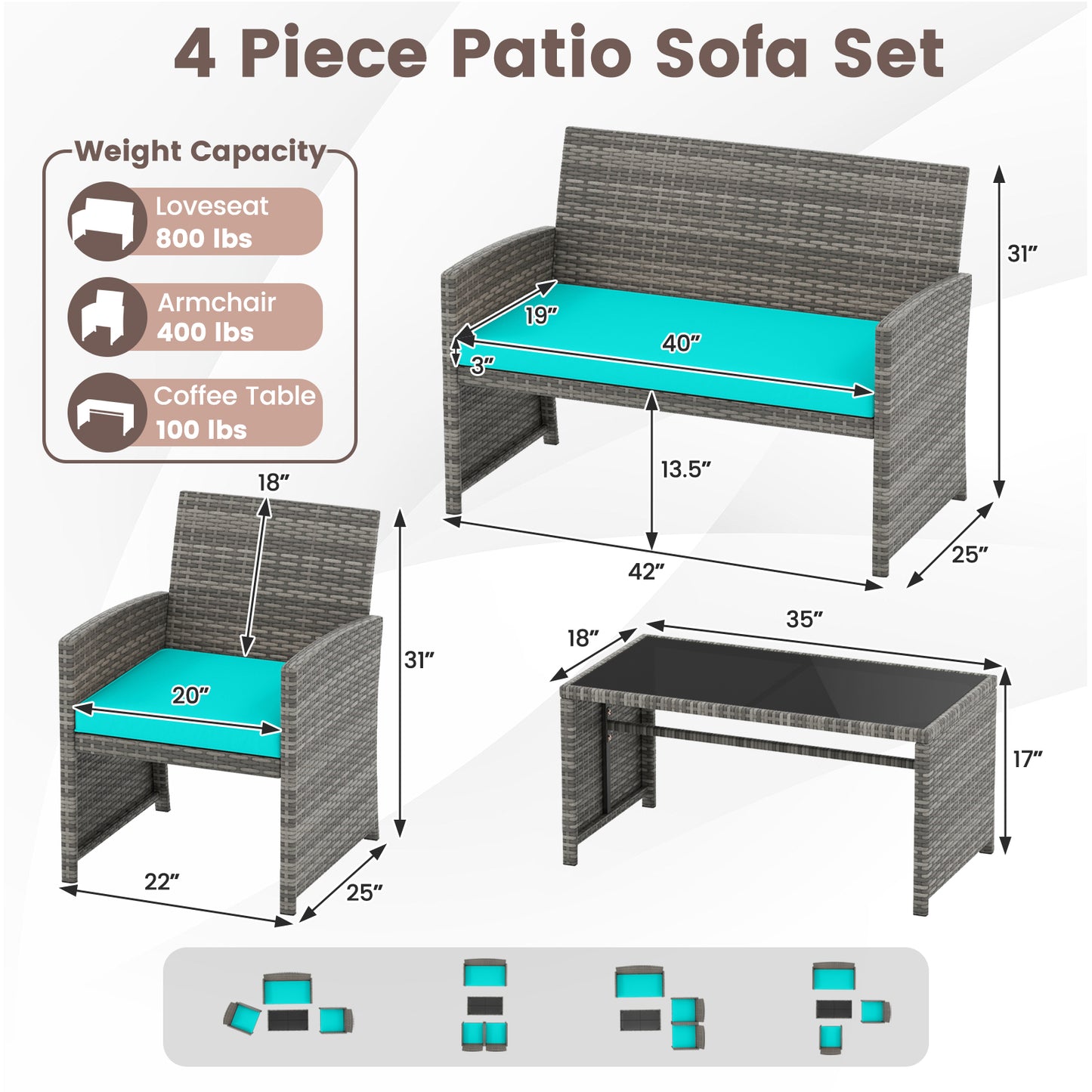 4-Piece Patio Conversation Set with Loveseat and Chairs