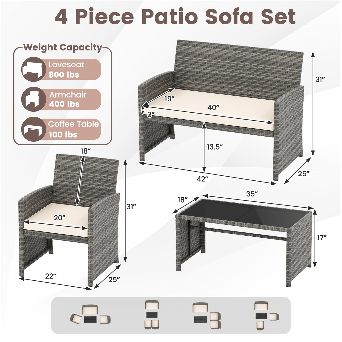 4-Piece Patio Conversation Set with Loveseat and Chairs