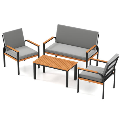 4 Piece Patio Furniture Set with Coffee Table and Loveseat with Removable Cushions-Gray