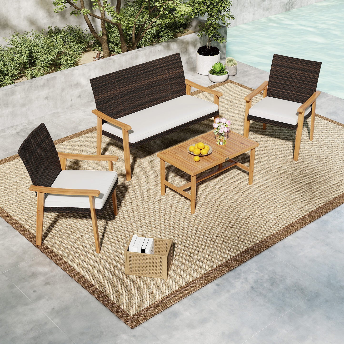 4-Piece Patio Conversation Set with Acacia Wood Table & Cushions