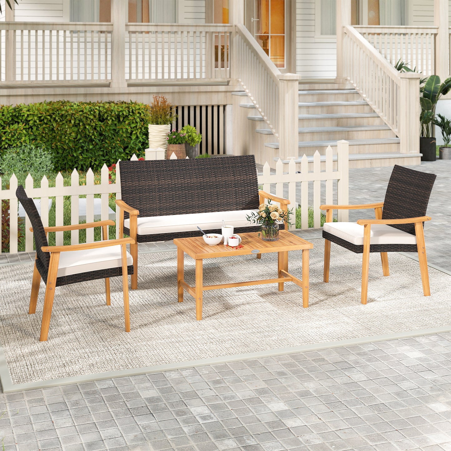 4-Piece Patio Conversation Set with Acacia Wood Table & Cushions