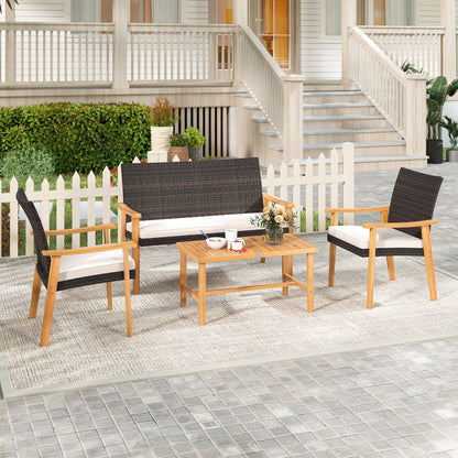 4-Piece Patio Conversation Set with Acacia Wood Table & Cushions