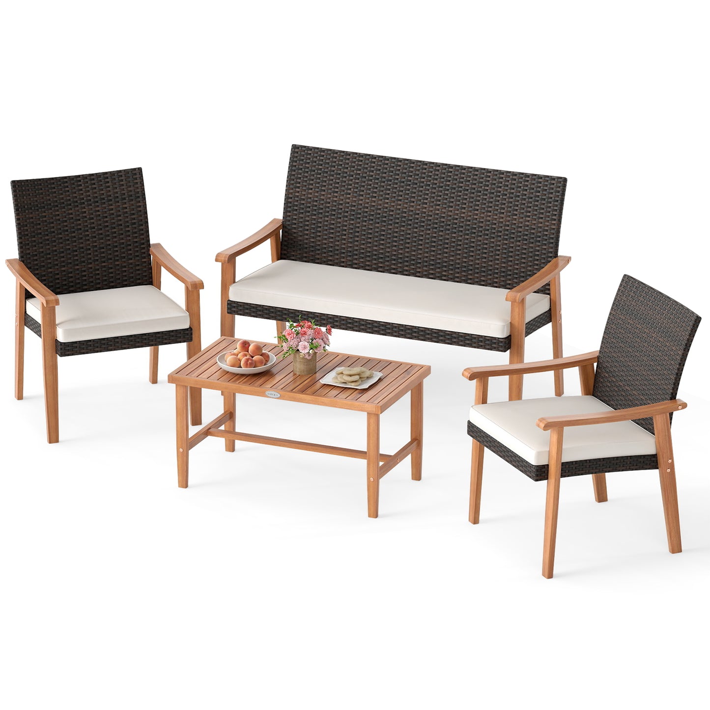 4-Piece Patio Conversation Set with Acacia Wood Table & Cushions