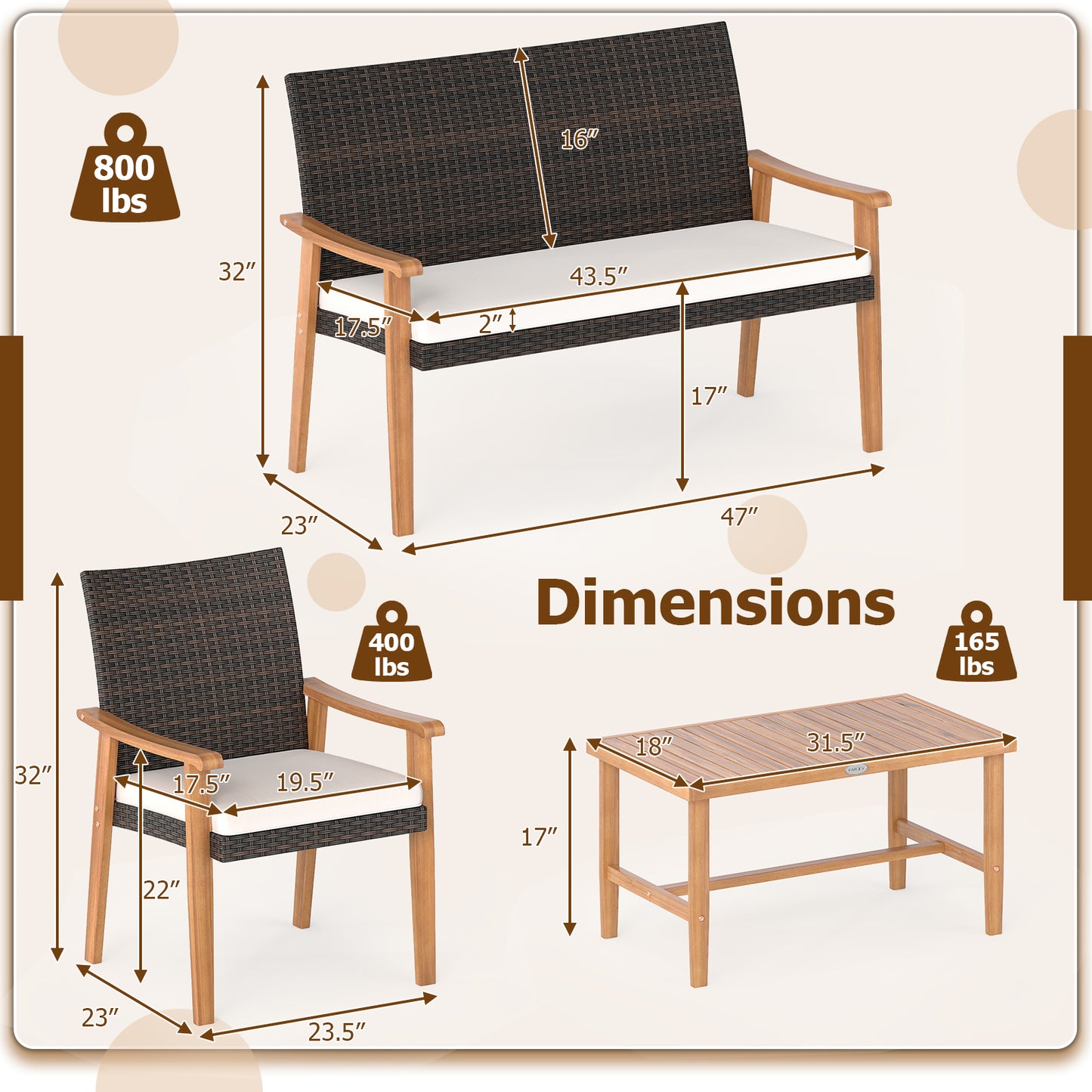4-Piece Patio Conversation Set with Acacia Wood Table & Cushions