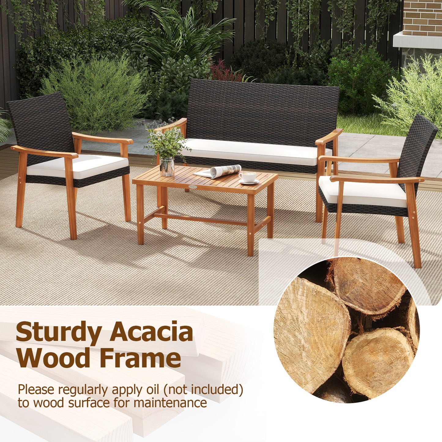 4-Piece Patio Conversation Set with Acacia Wood Table & Cushions