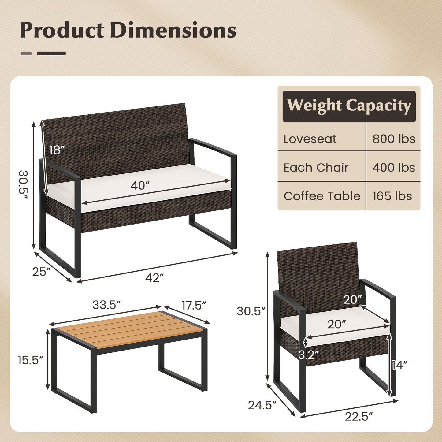 4-Piece Patio Conversation Set with Cushioned Seating & Coffee Table