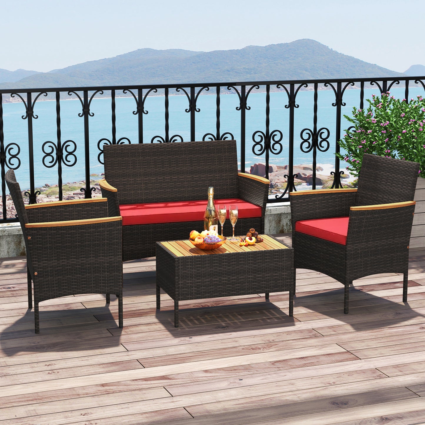 4-Piece Patio Conversation Set with Wicker Chairs & Loveseat