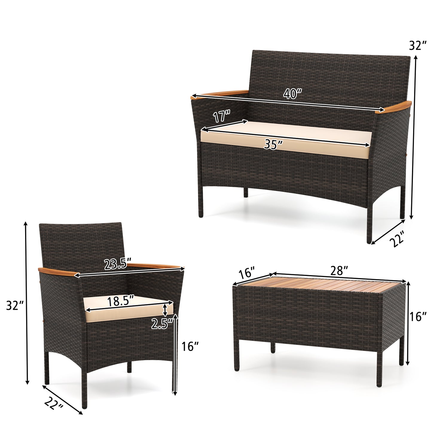 4-Piece Patio Conversation Set with Wicker Chairs & Loveseat