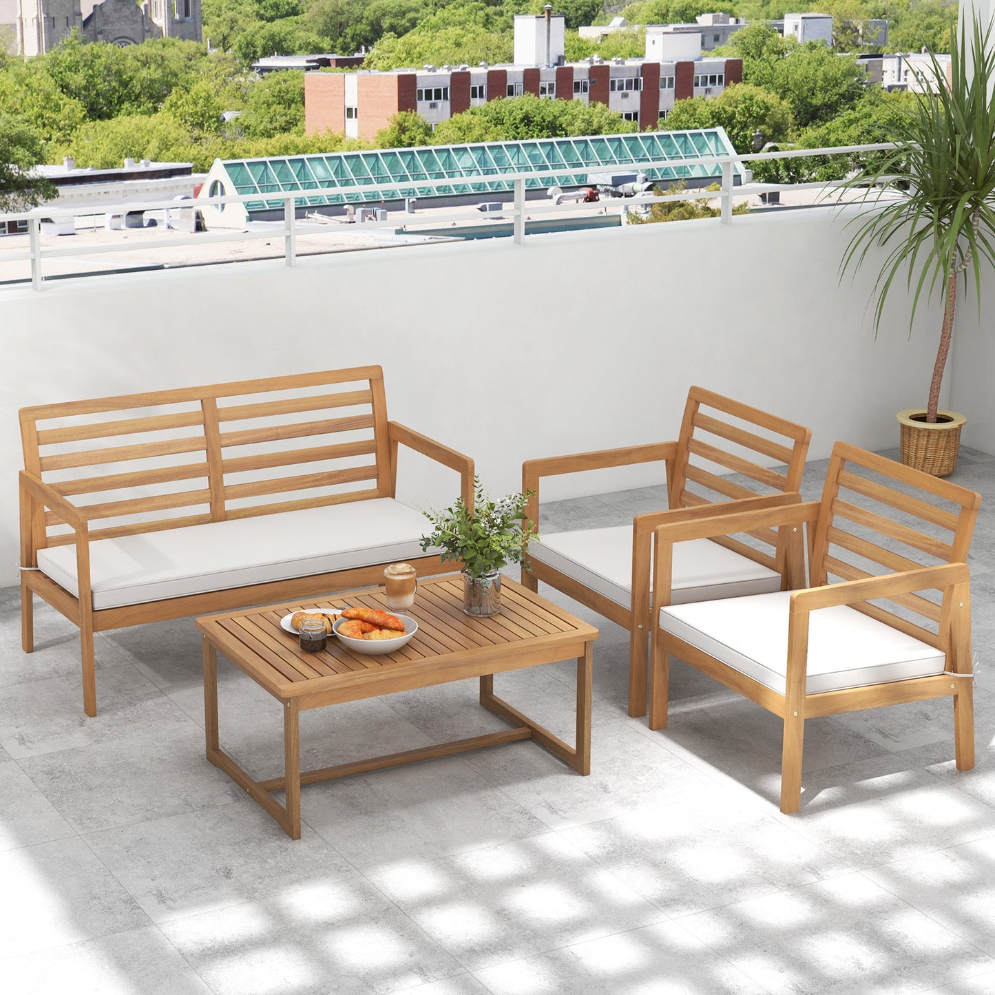 4-Piece Acacia Wood Patio Conversation Set with Cushions