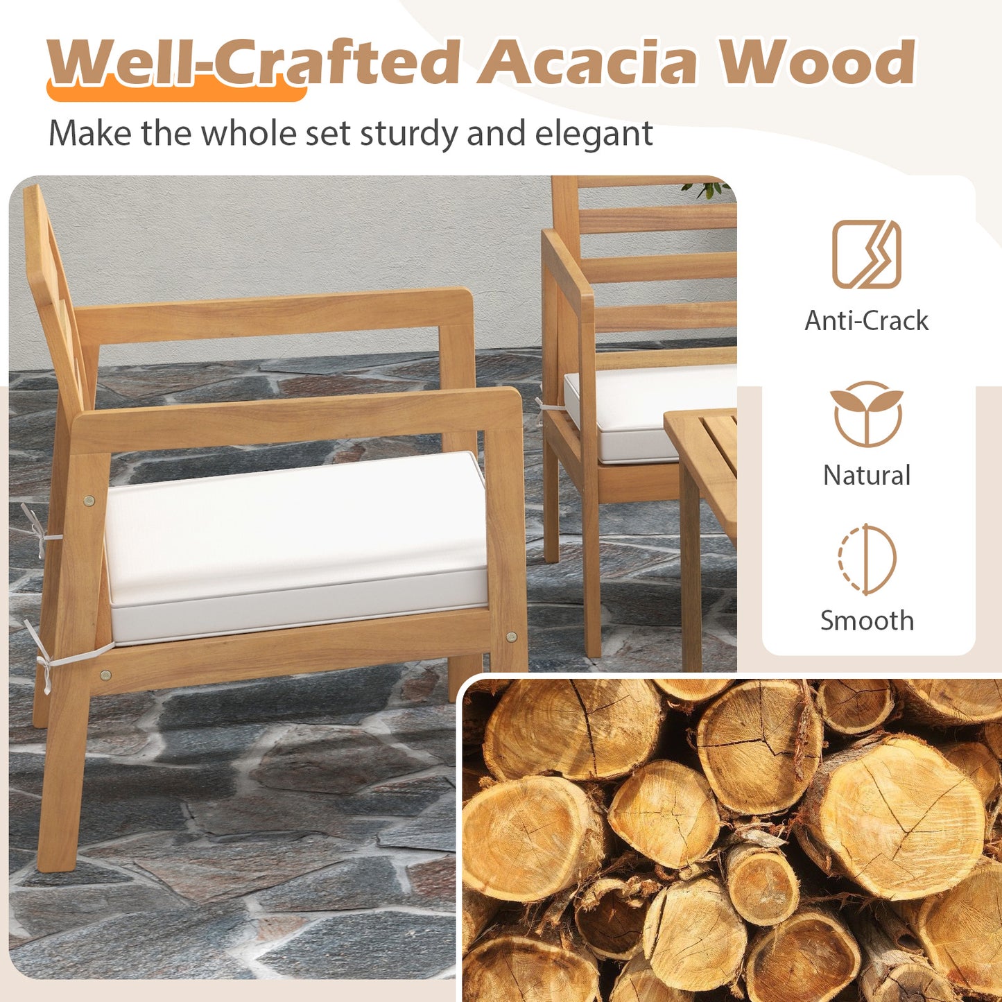 4-Piece Acacia Wood Patio Conversation Set with Cushions
