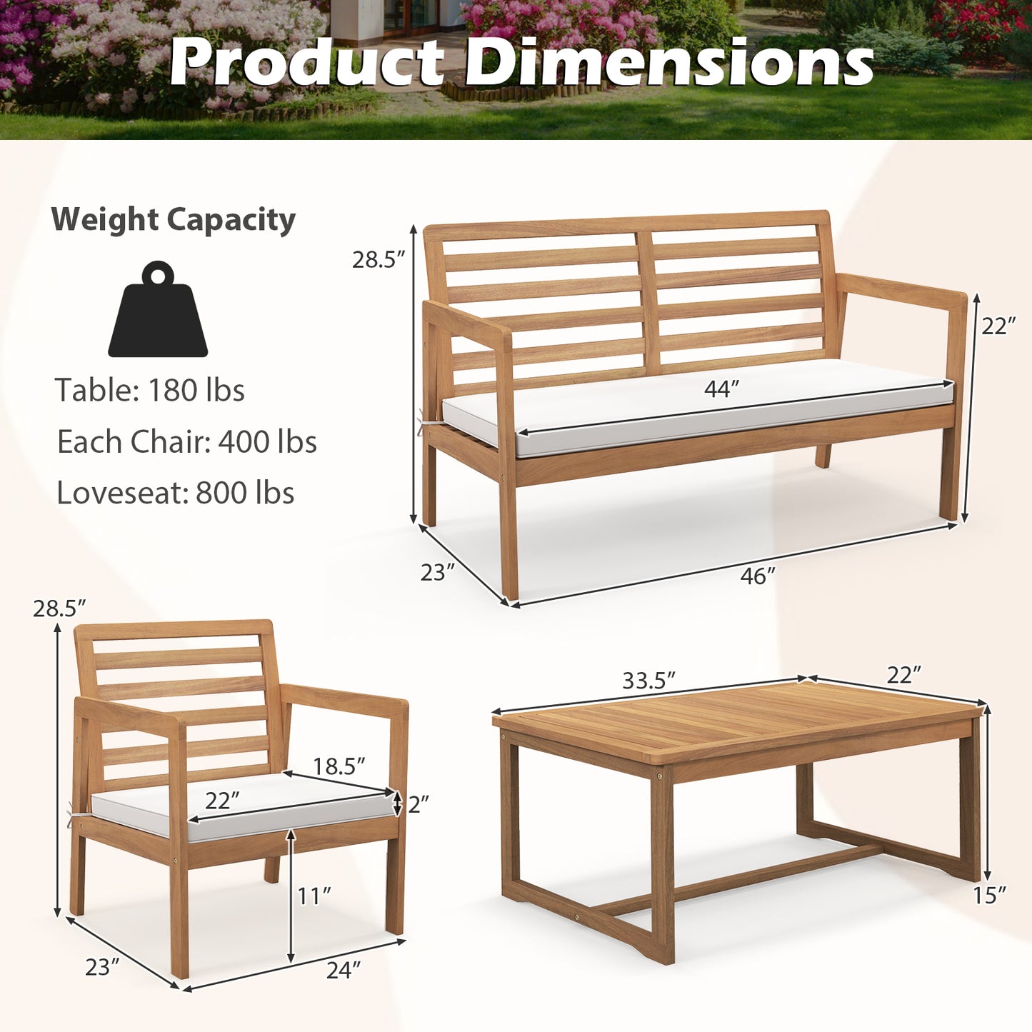4-Piece Acacia Wood Patio Conversation Set with Cushions