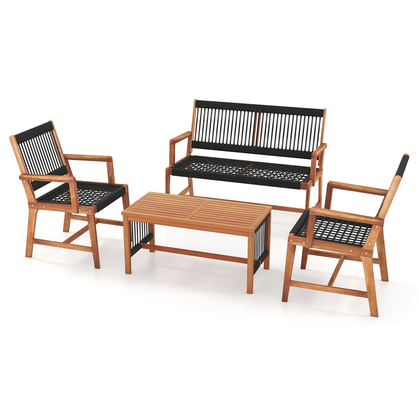 4-Piece Acacia Wood Patio Conversation Set with Woven Rope