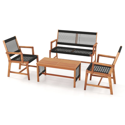 4-Piece Acacia Wood Patio Conversation Set with Woven Rope