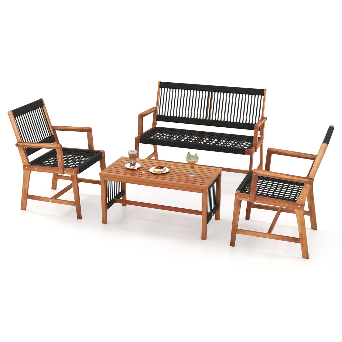 4-Piece Acacia Wood Patio Conversation Set with Woven Rope