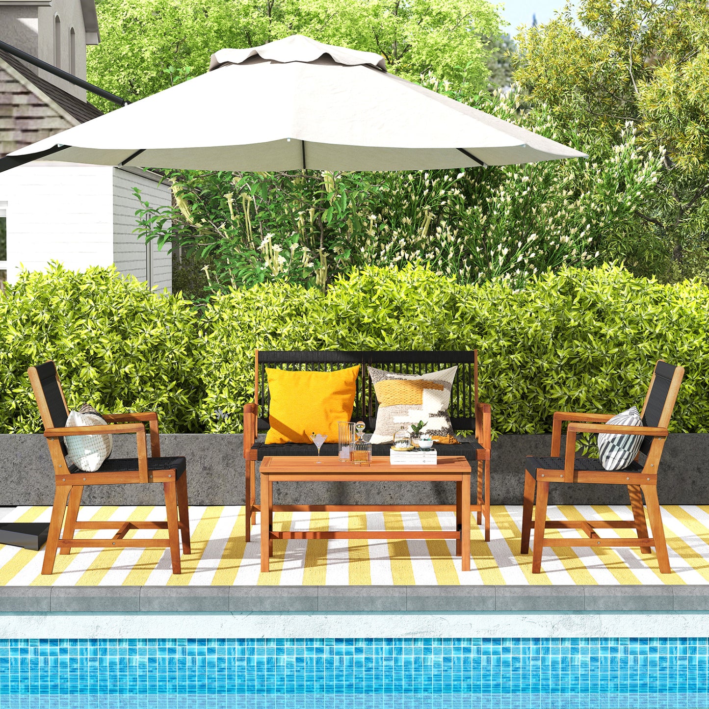 4-Piece Acacia Wood Patio Conversation Set with Woven Rope
