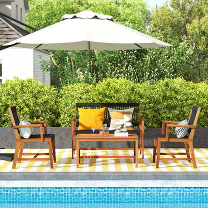 4-Piece Acacia Wood Patio Conversation Set with Woven Rope