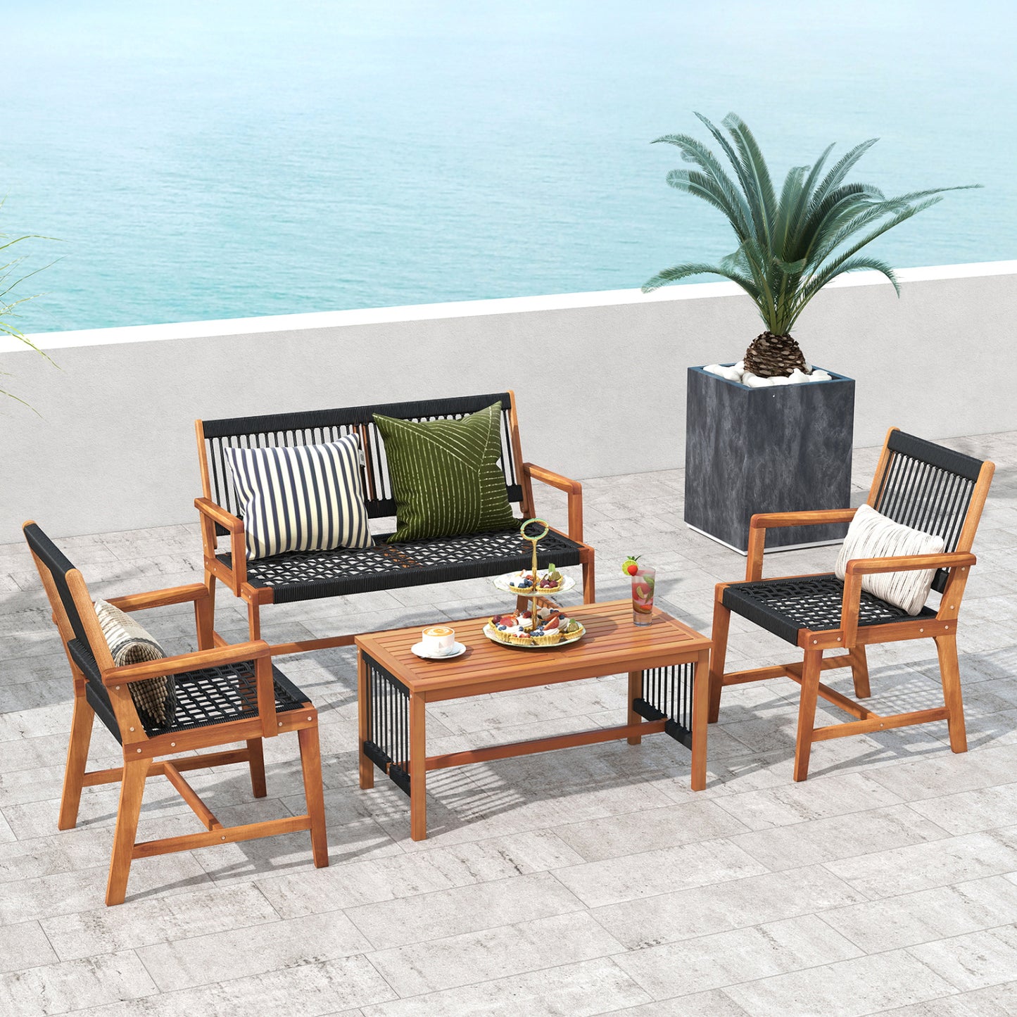4-Piece Acacia Wood Patio Conversation Set with Woven Rope