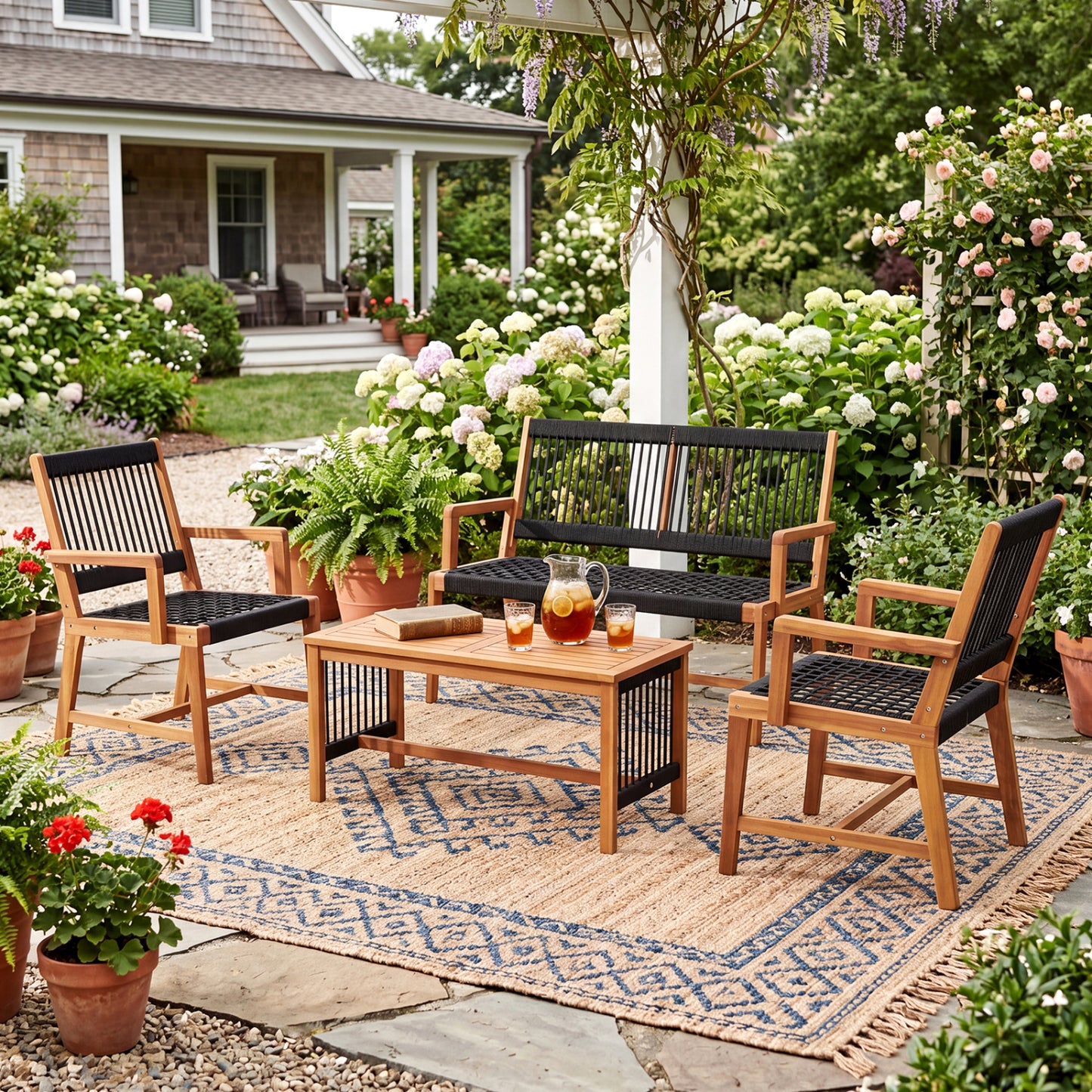 4-Piece Acacia Wood Patio Conversation Set with Woven Rope