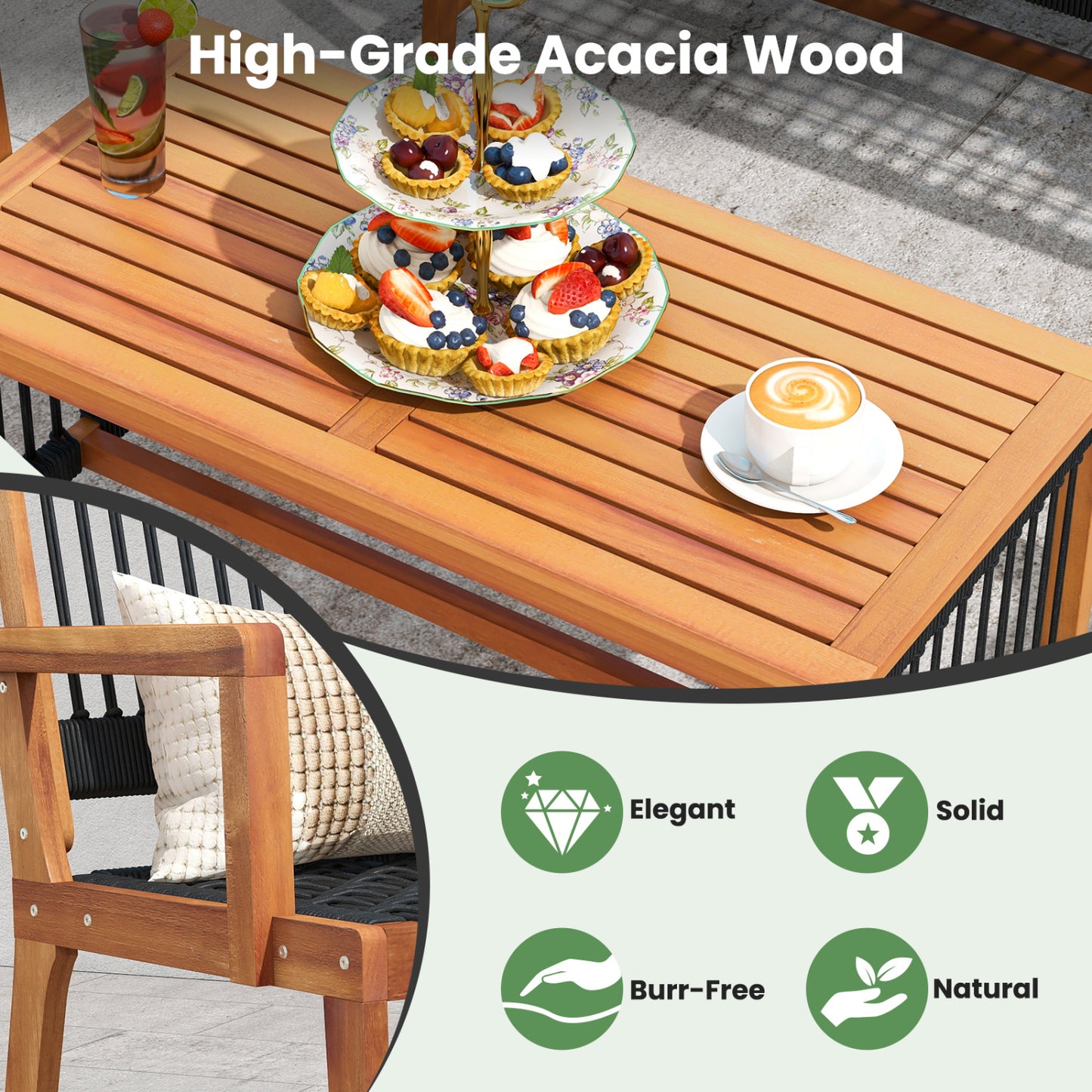 4-Piece Acacia Wood Patio Conversation Set with Woven Rope