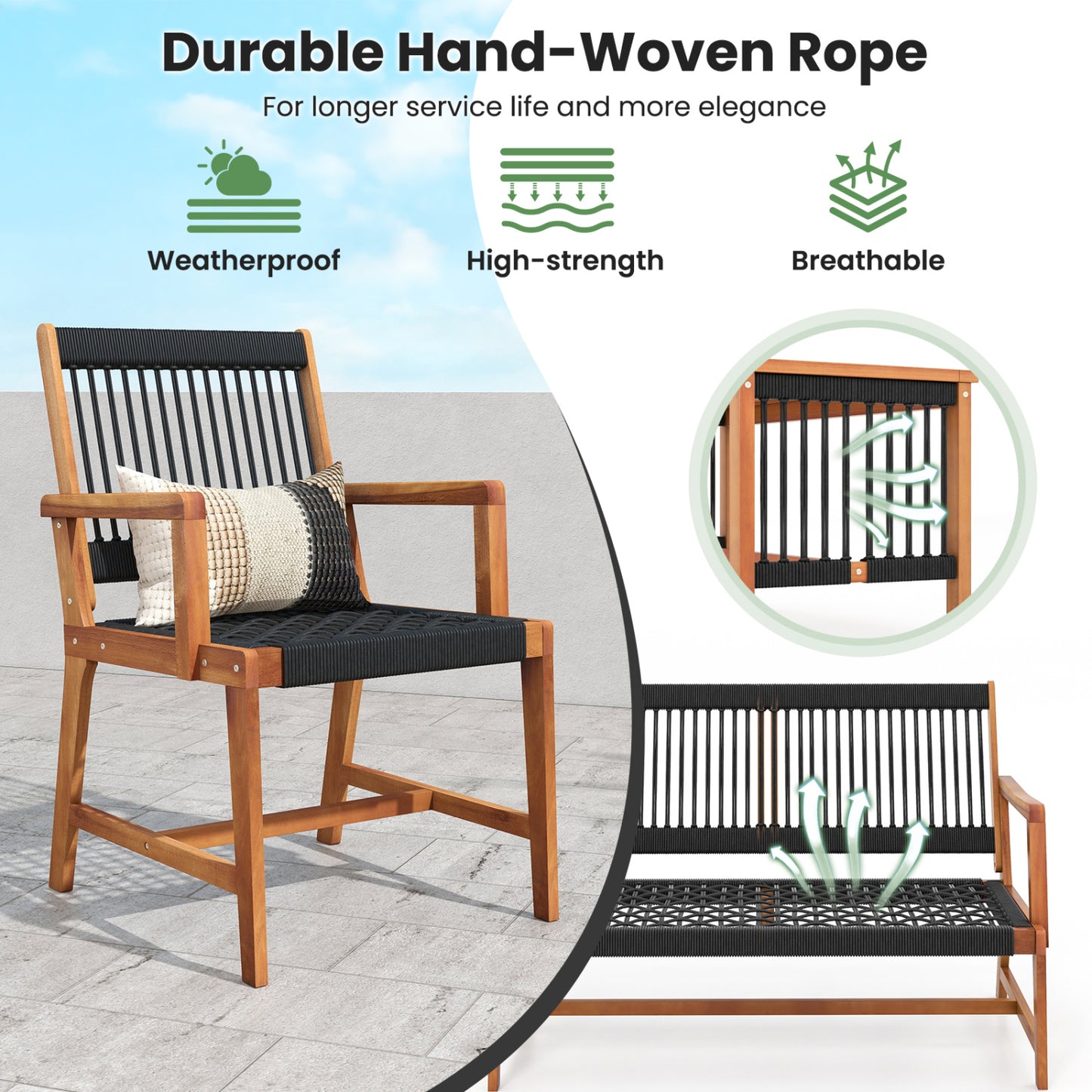 4-Piece Acacia Wood Patio Conversation Set with Woven Rope