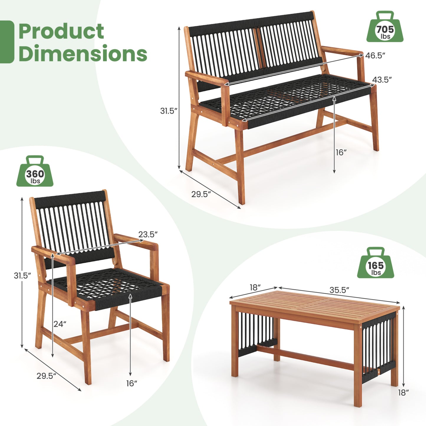 4-Piece Acacia Wood Patio Conversation Set with Woven Rope
