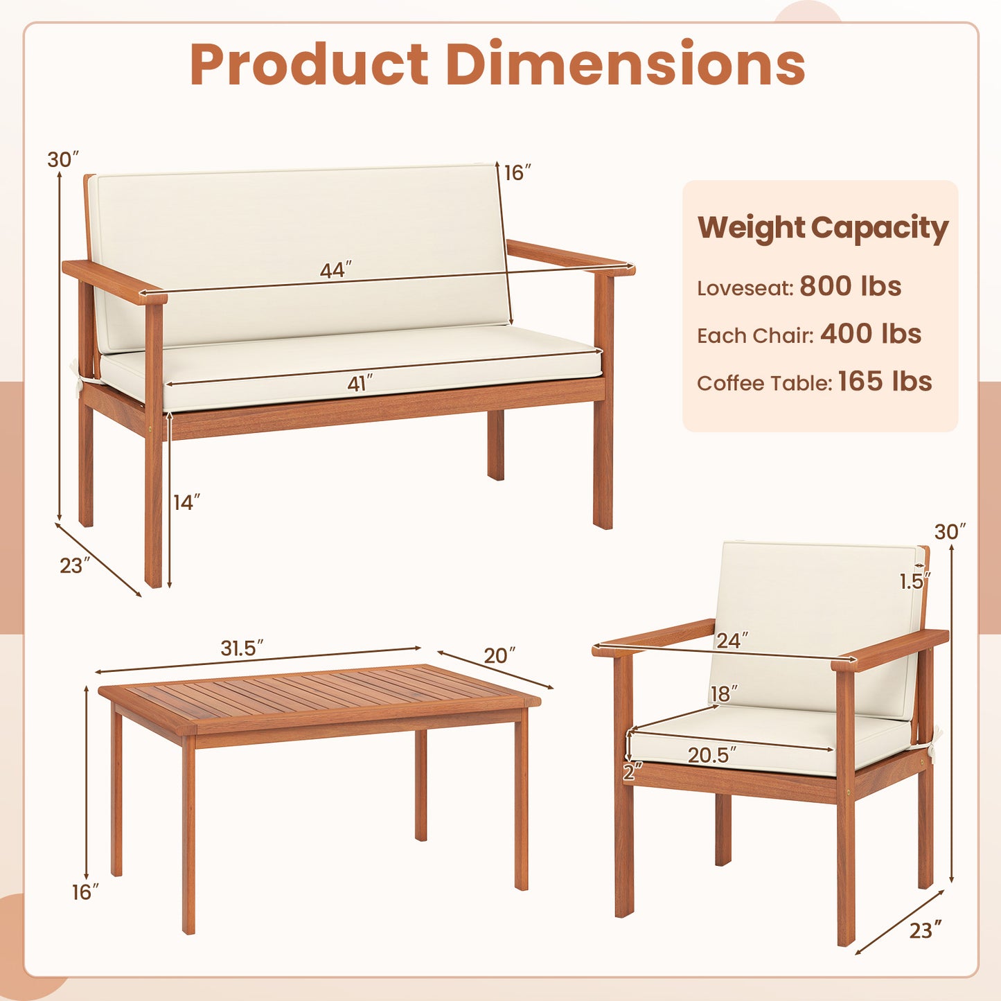 4-Piece Acacia Wood Patio Conversation Set with Cushions