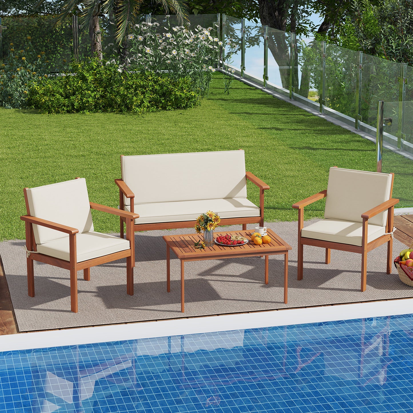 4-Piece Acacia Wood Patio Conversation Set with Cushions