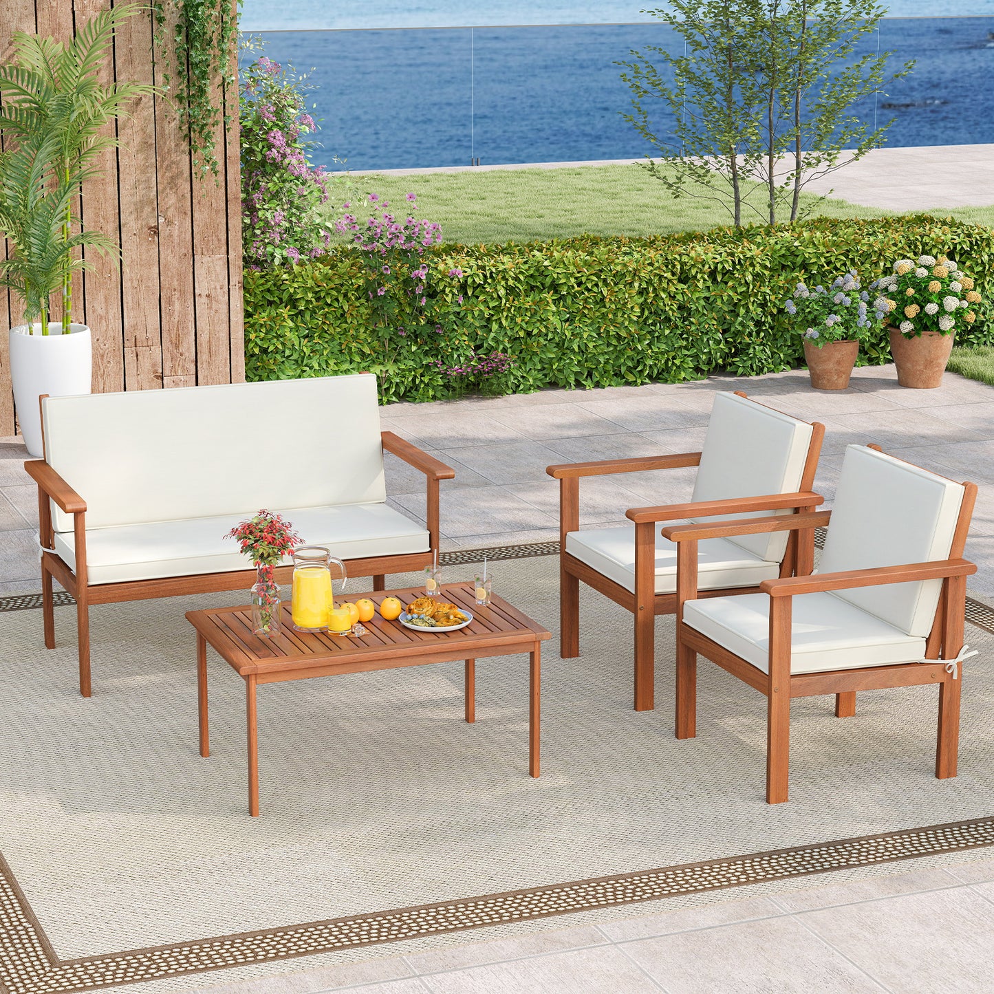 4-Piece Acacia Wood Patio Conversation Set with Cushions
