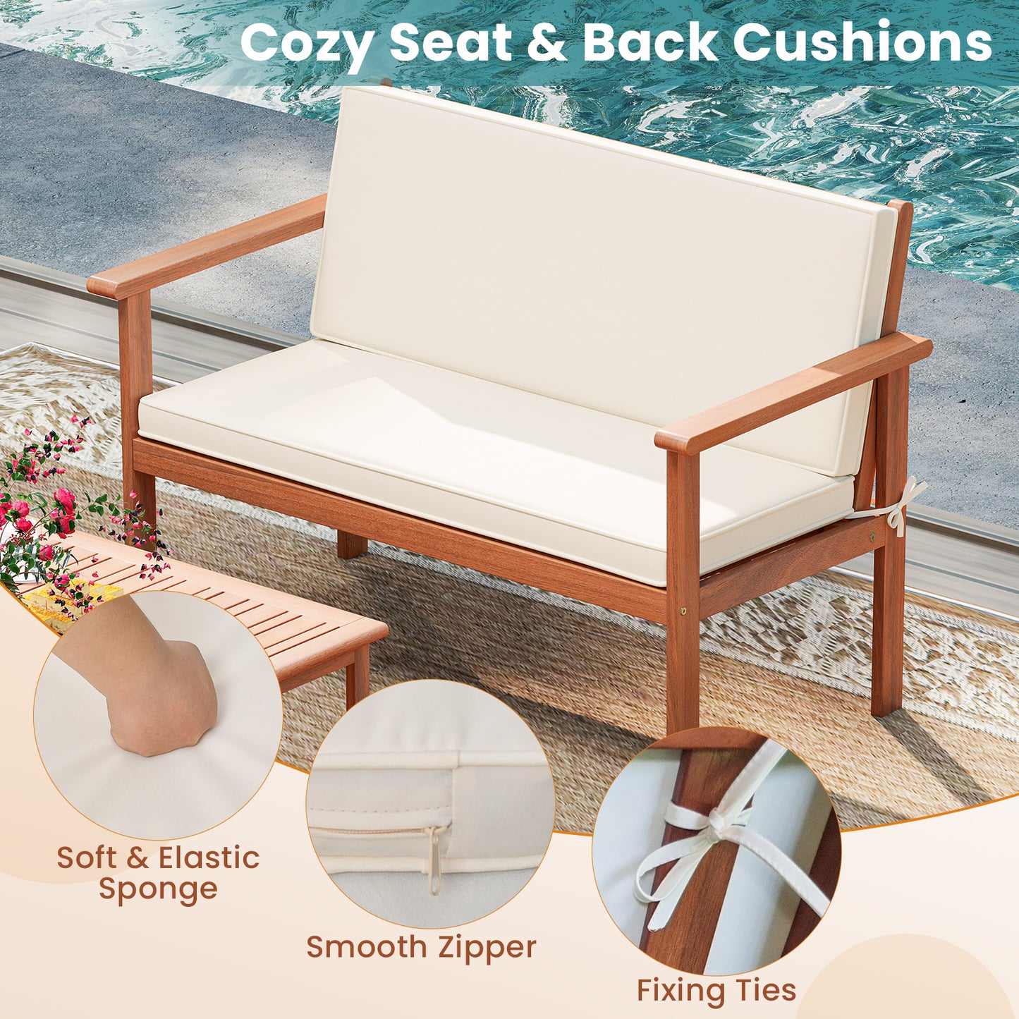 4-Piece Acacia Wood Patio Conversation Set with Cushions