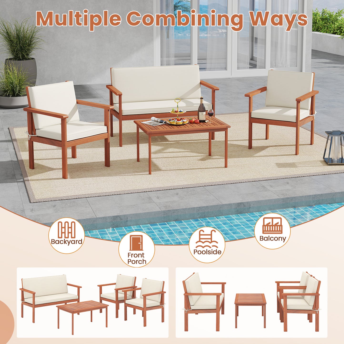 4-Piece Acacia Wood Patio Conversation Set with Cushions