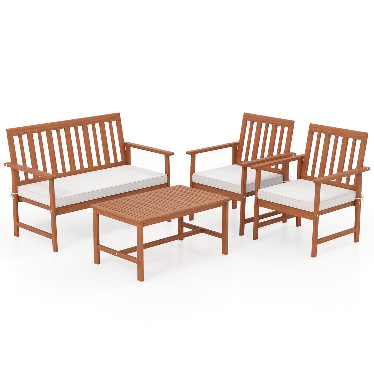 4 Pieces Acacia Wood Furniture Set with Seat Cushions and Robust Wood Frame-White