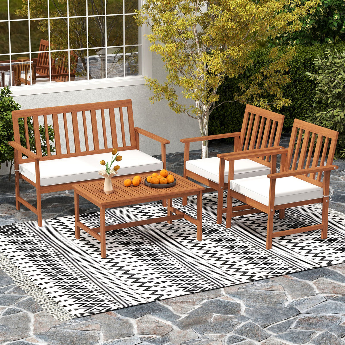 4 Pieces Acacia Wood Furniture Set with Seat Cushions and Robust Wood Frame-White