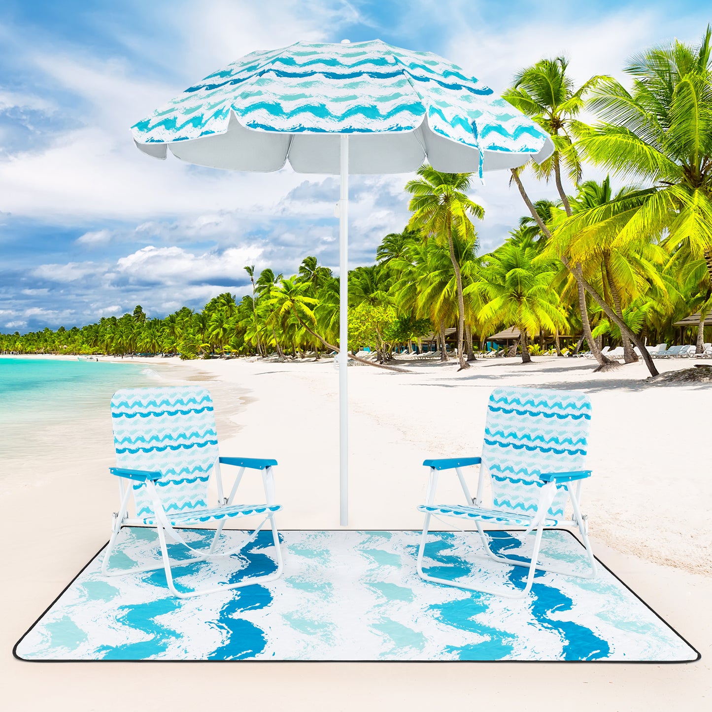 Beach Umbrella Set with 2 Chairs and Picnic Blanket