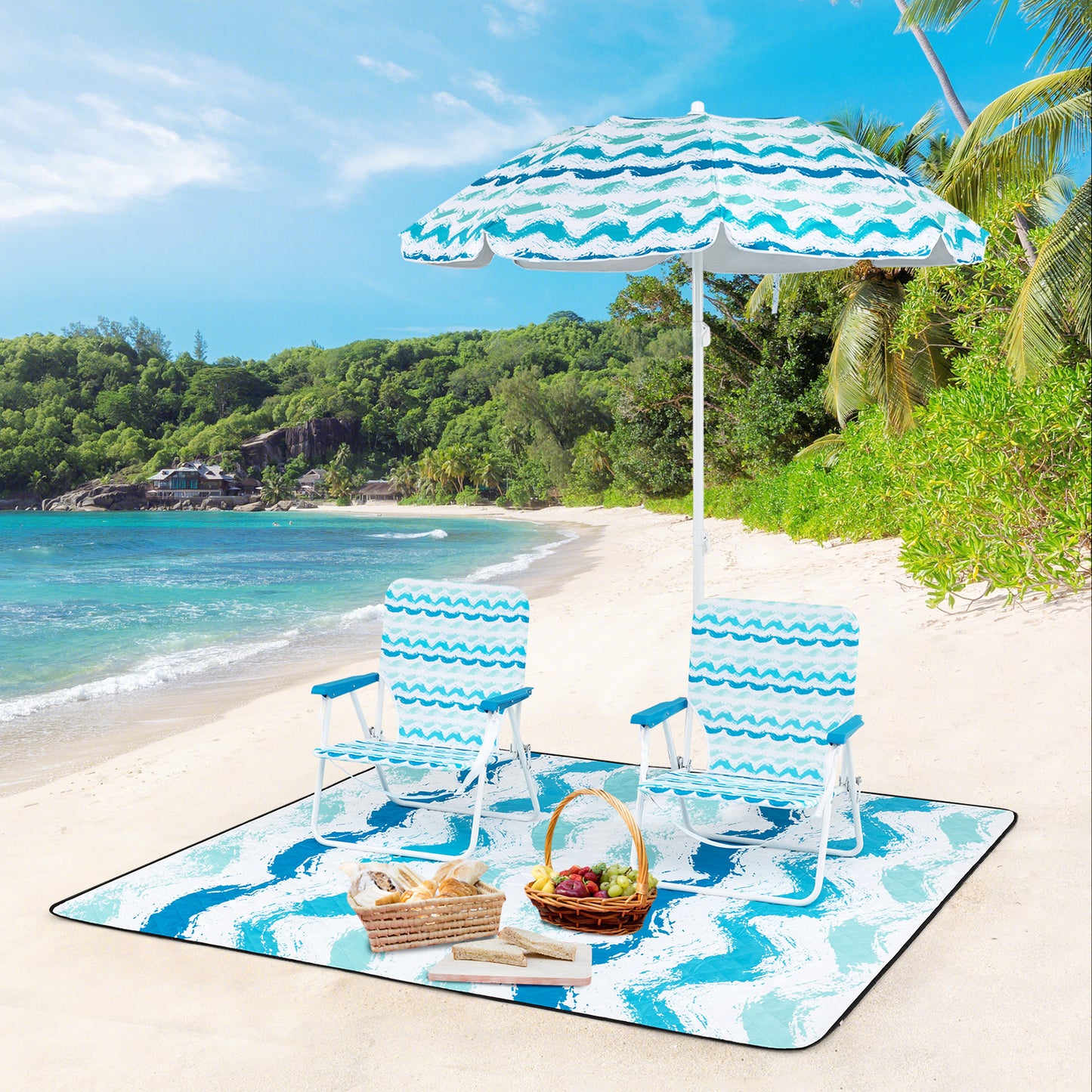 Beach Umbrella Set with 2 Chairs and Picnic Blanket