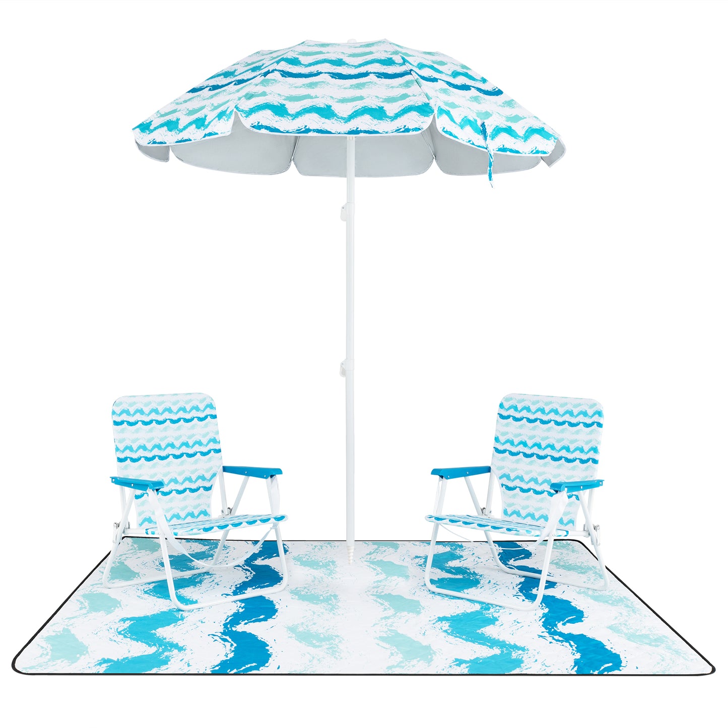 Beach Umbrella Set with 2 Chairs and Picnic Blanket
