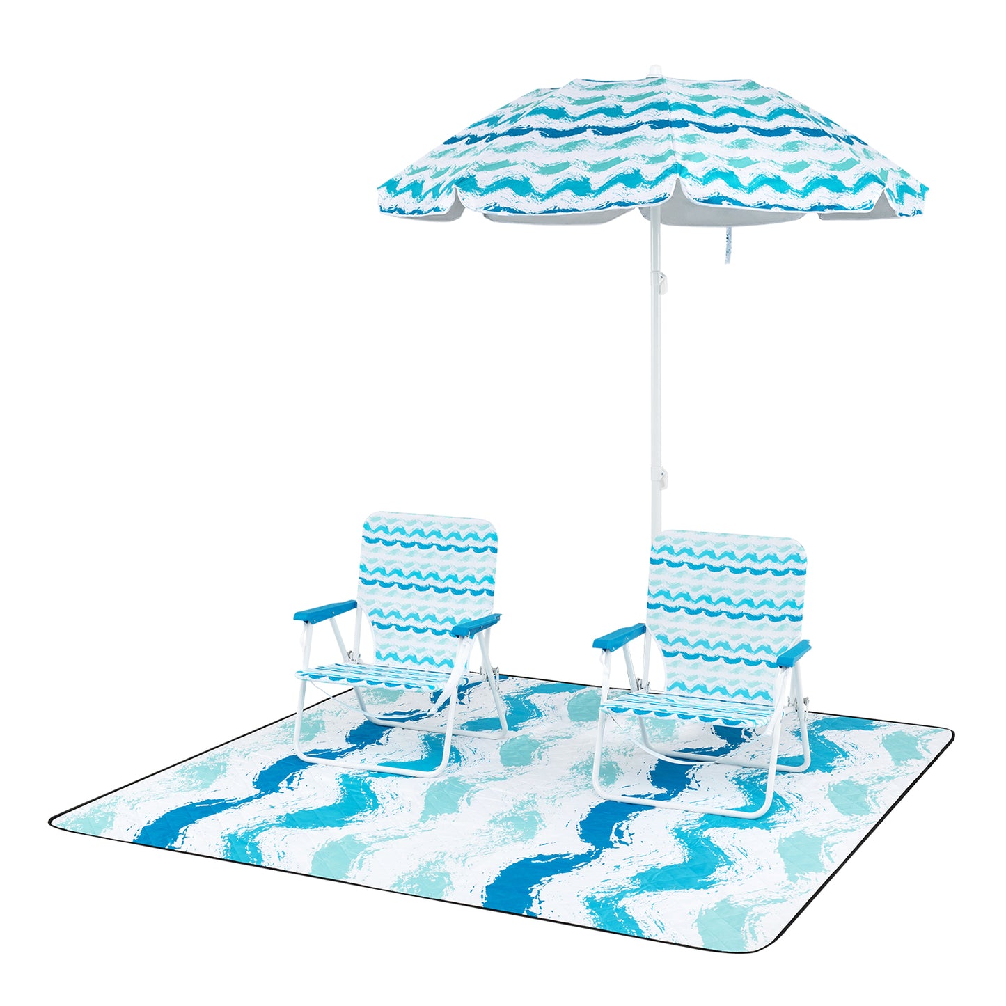 Beach Umbrella Set with 2 Chairs and Picnic Blanket