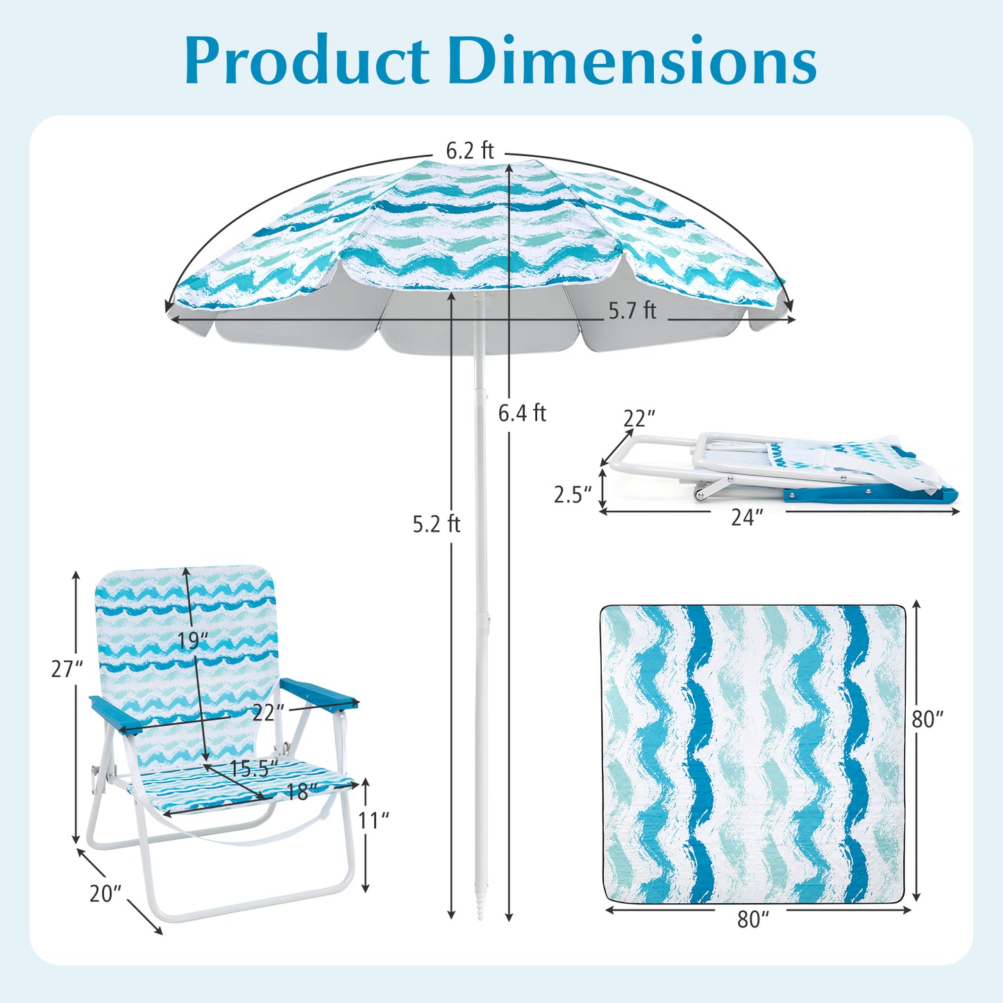 Beach Umbrella Set with 2 Chairs and Picnic Blanket