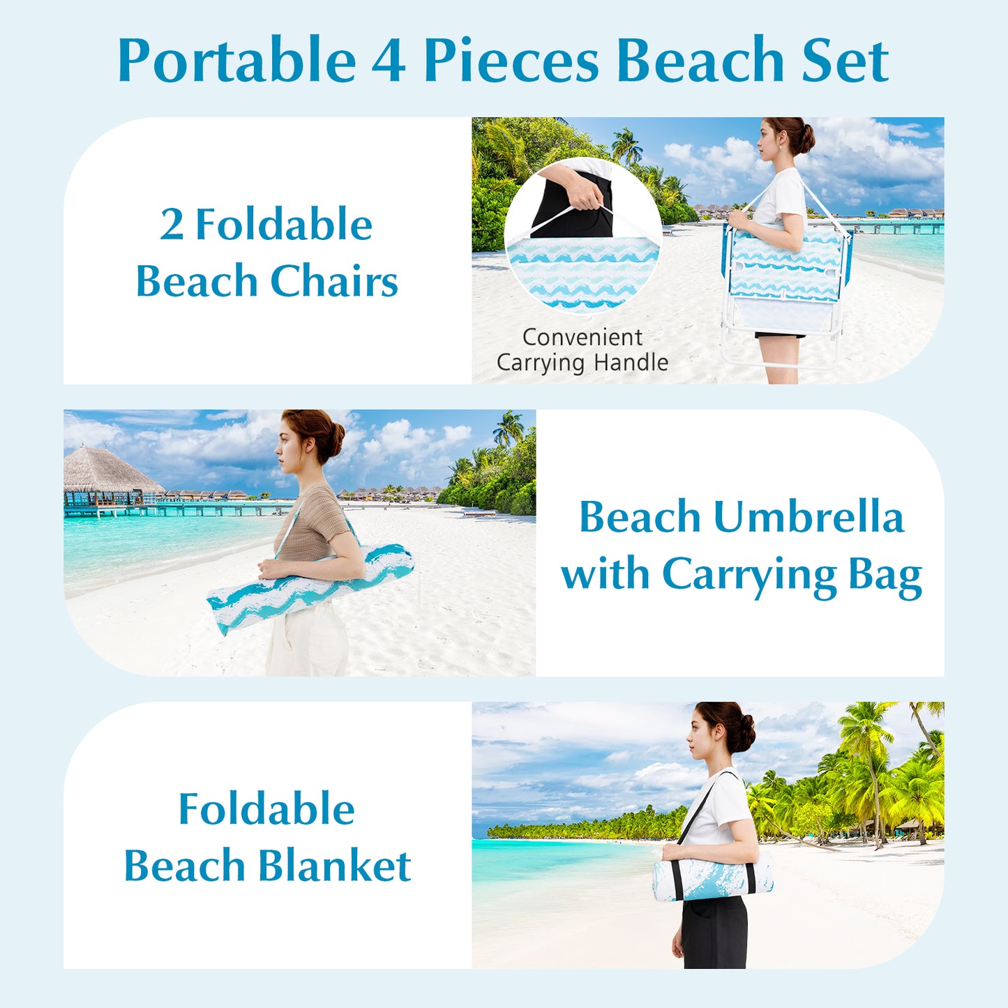 Beach Umbrella Set with 2 Chairs and Picnic Blanket