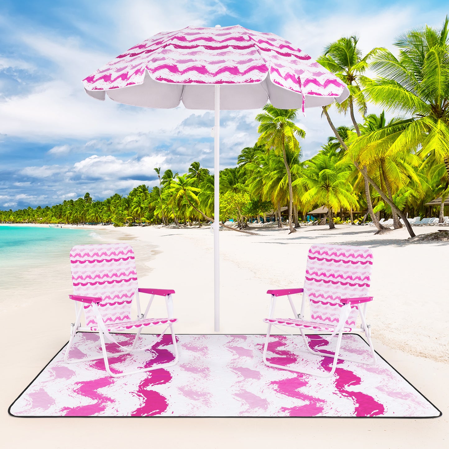 Beach Umbrella Set with 2 Chairs and Picnic Blanket